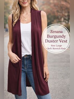 Zenana Burgundy Sleeveless Open Front Duster Cardigan Vest Size Large